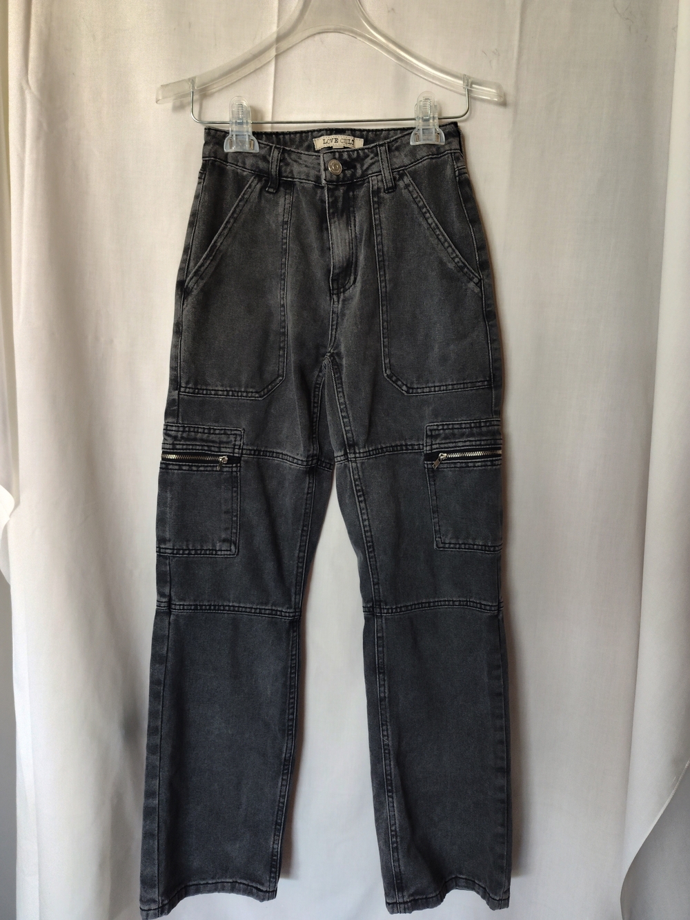Love Cult Women's Washed Cargo Jeans, Size XXS with Zipper Utility Pockets
